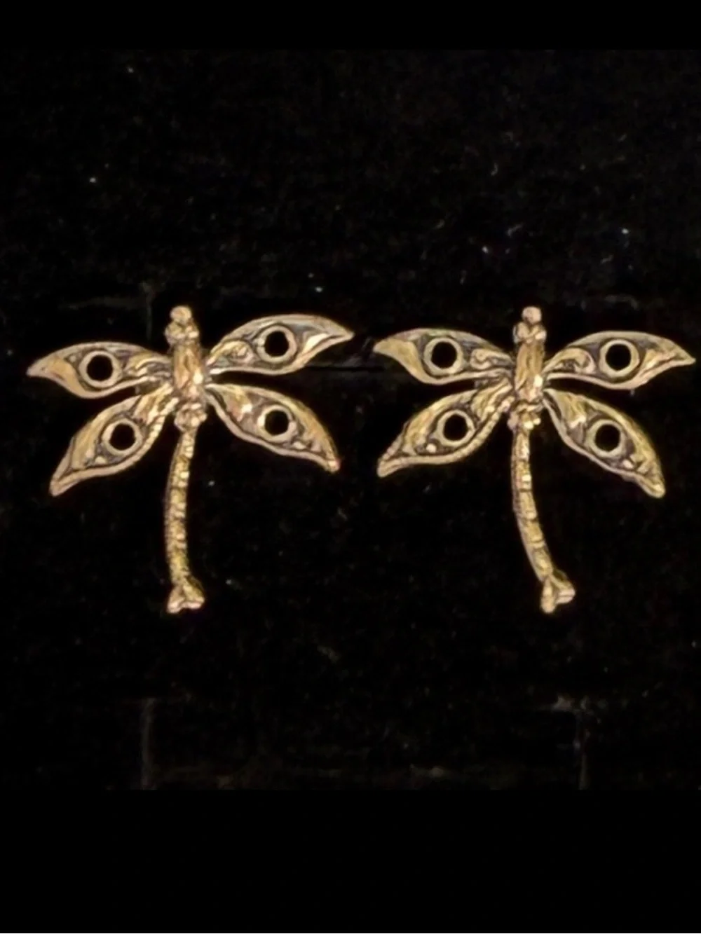 Vintage antique style, aged goldtone Dragonfly Pierced Stud Earrings